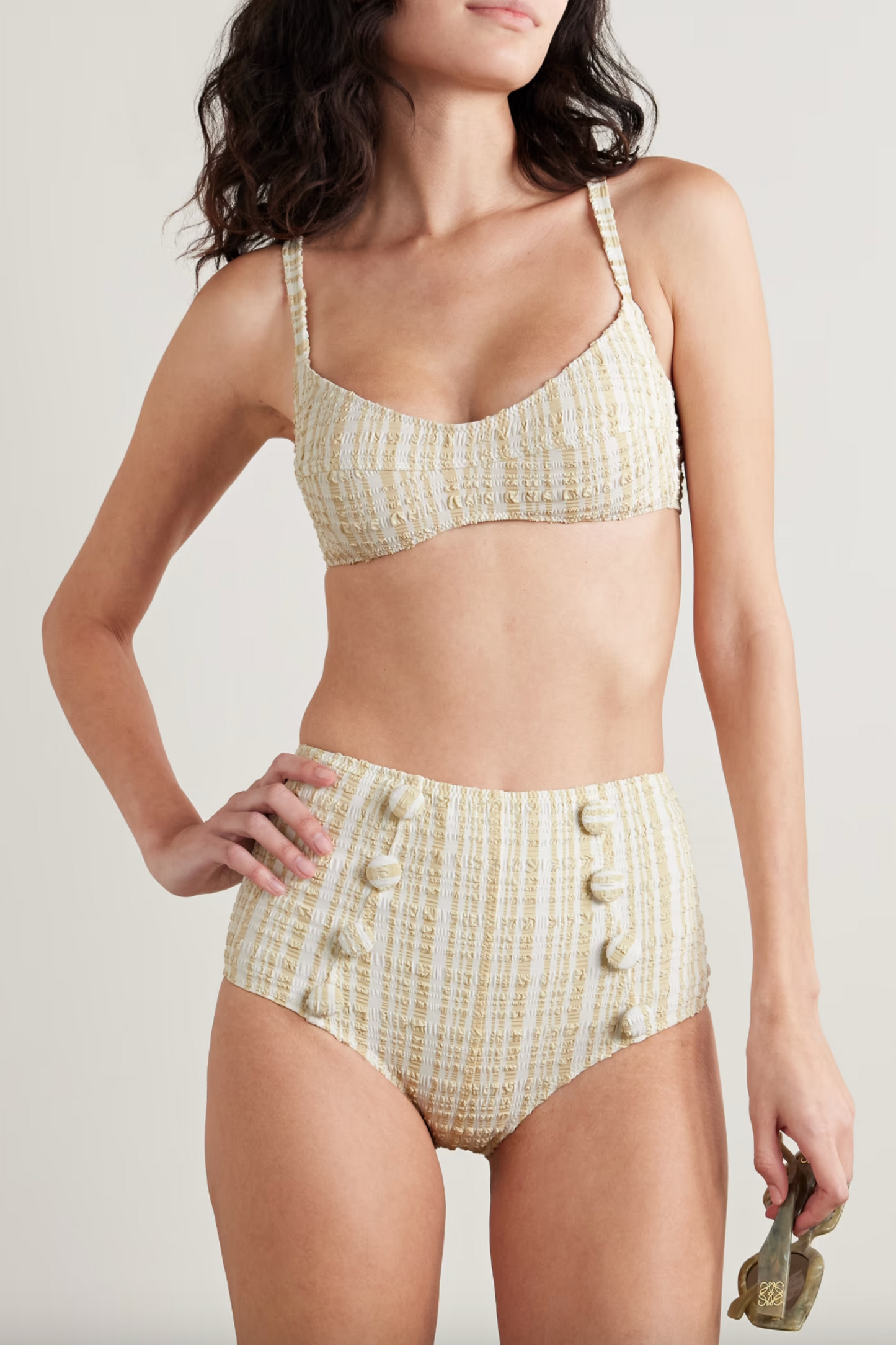 Button-Embellished Striped Seersucker Bikini