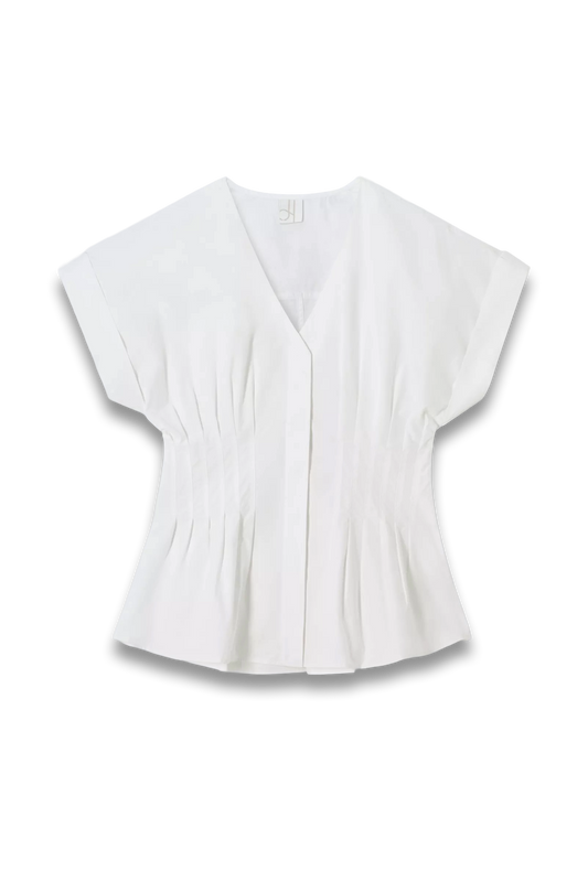Cotton Tuck-detail Short-sleeve Blouse in Off White