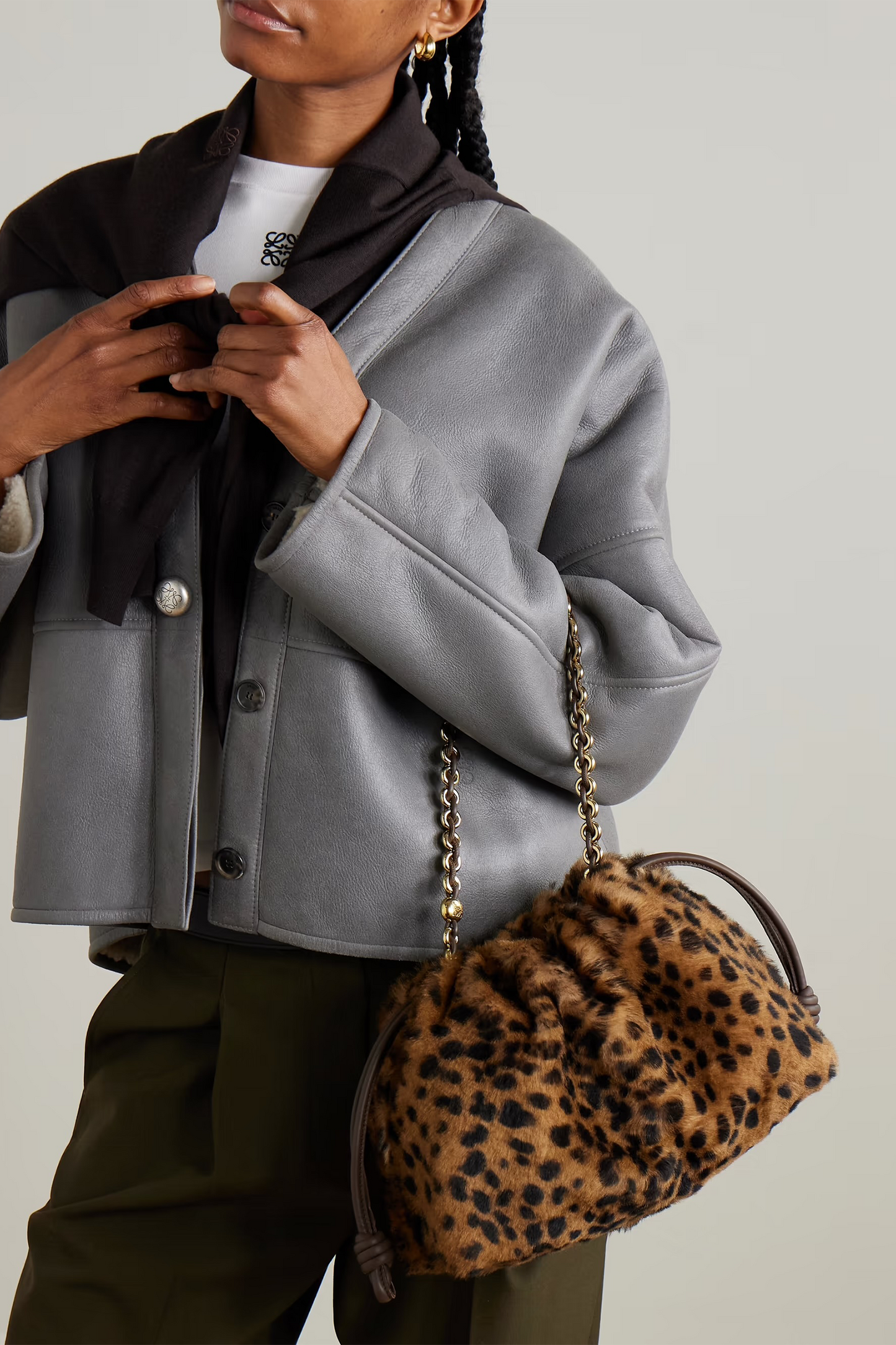 Flamenco Medium Leather-trimmed Leopard-print Shearling Clutch