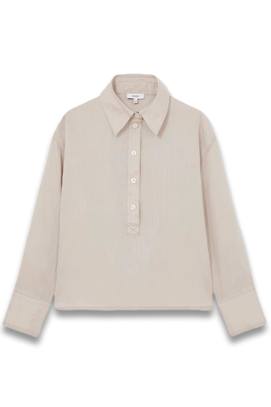 Nina Linen Overhead Open-Collar Shirt in Neutral