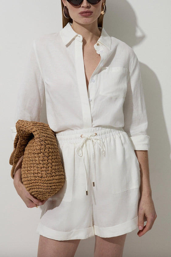 Viscose Linen Woven Long Sleeve Shirt and Tie Waist Short