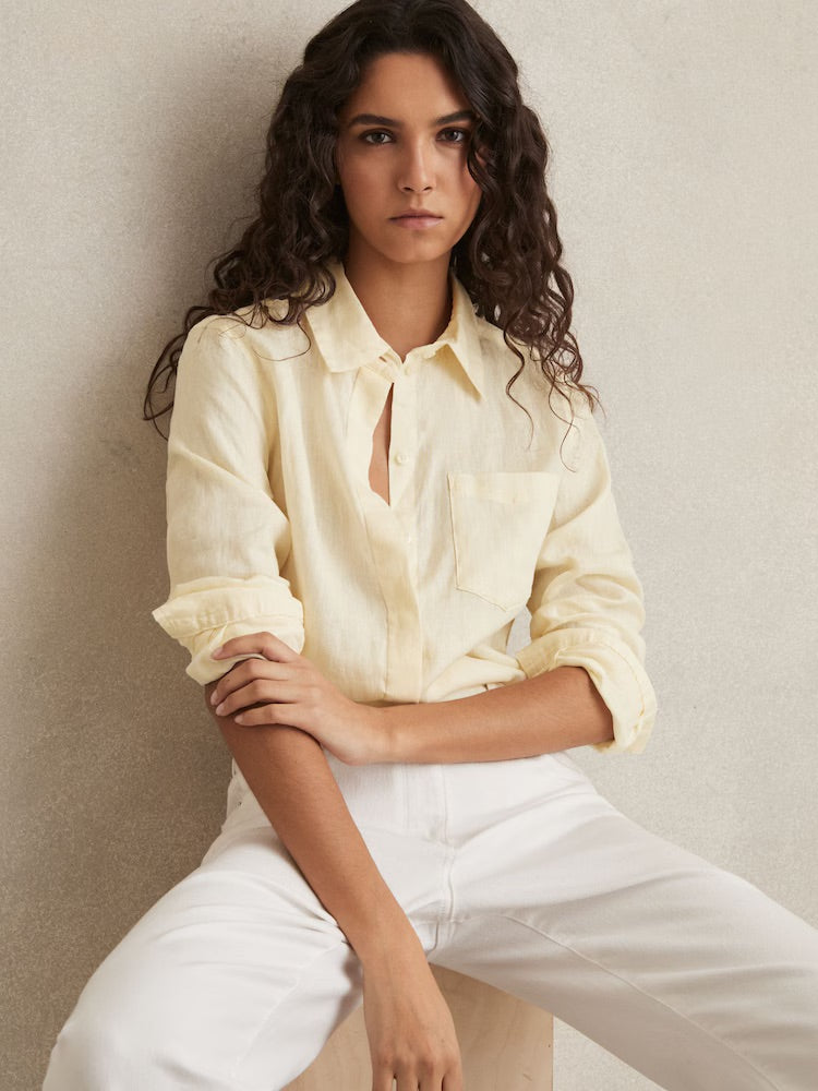Linen Button-Through Shirt In Pale Yellow