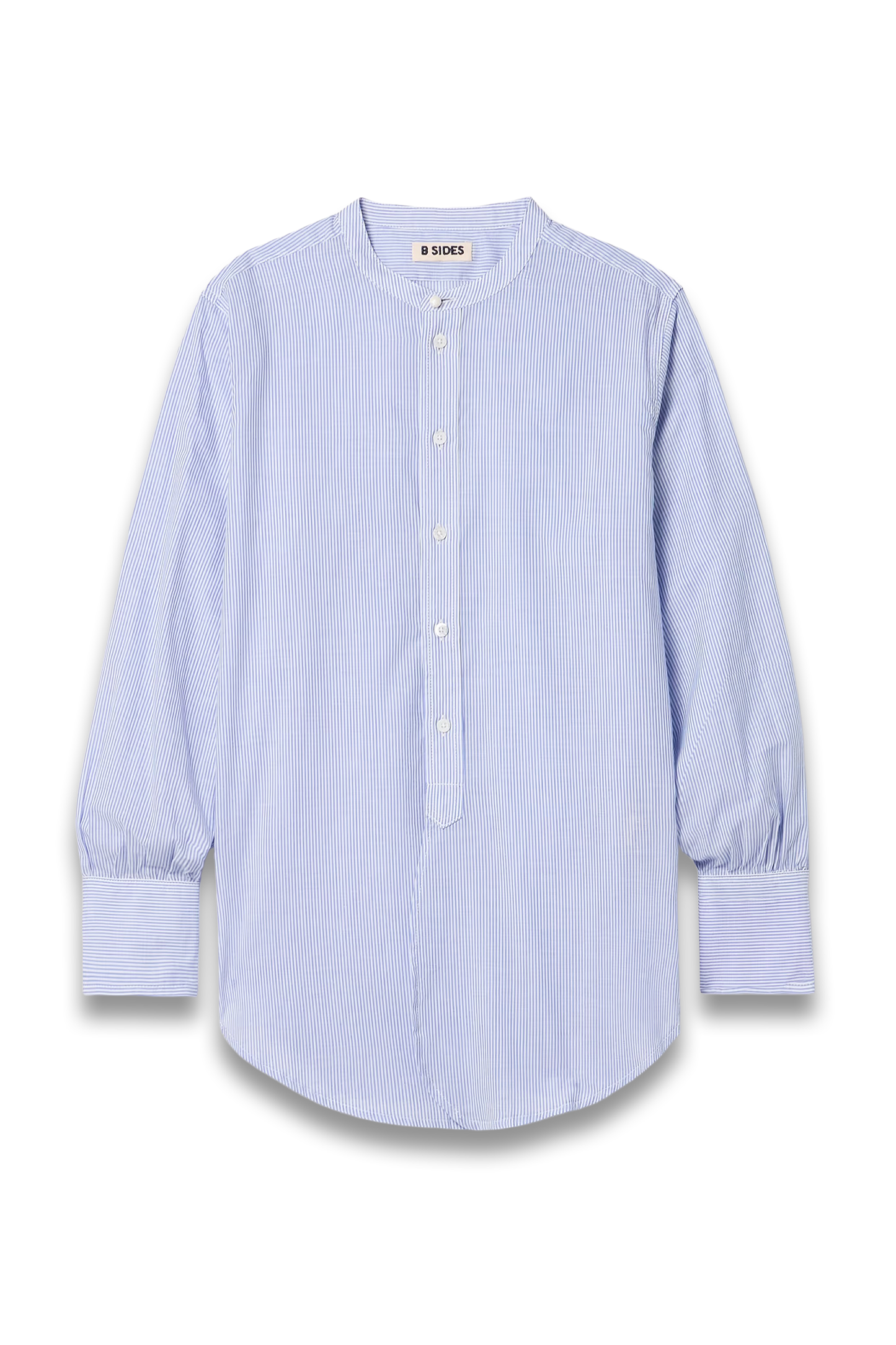 A blue striped cotton shirt with a round neckline, long sleeves, and a casual fit.
