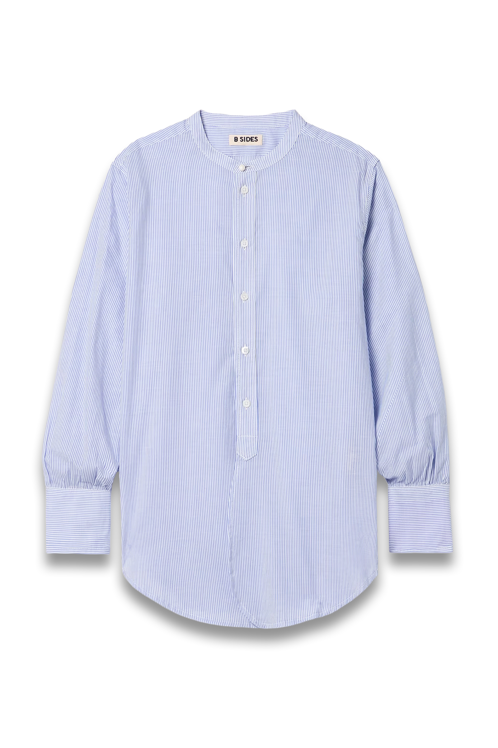 A blue striped cotton shirt with a round neckline, long sleeves, and a casual fit.