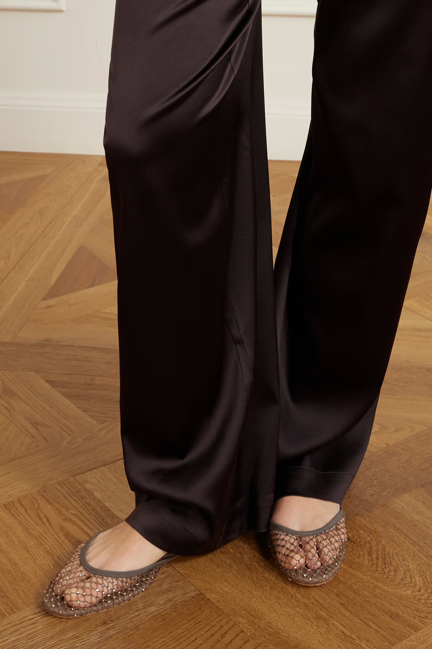 Minette Leather-trimmed Crystal-embellished Mesh Ballet Flats