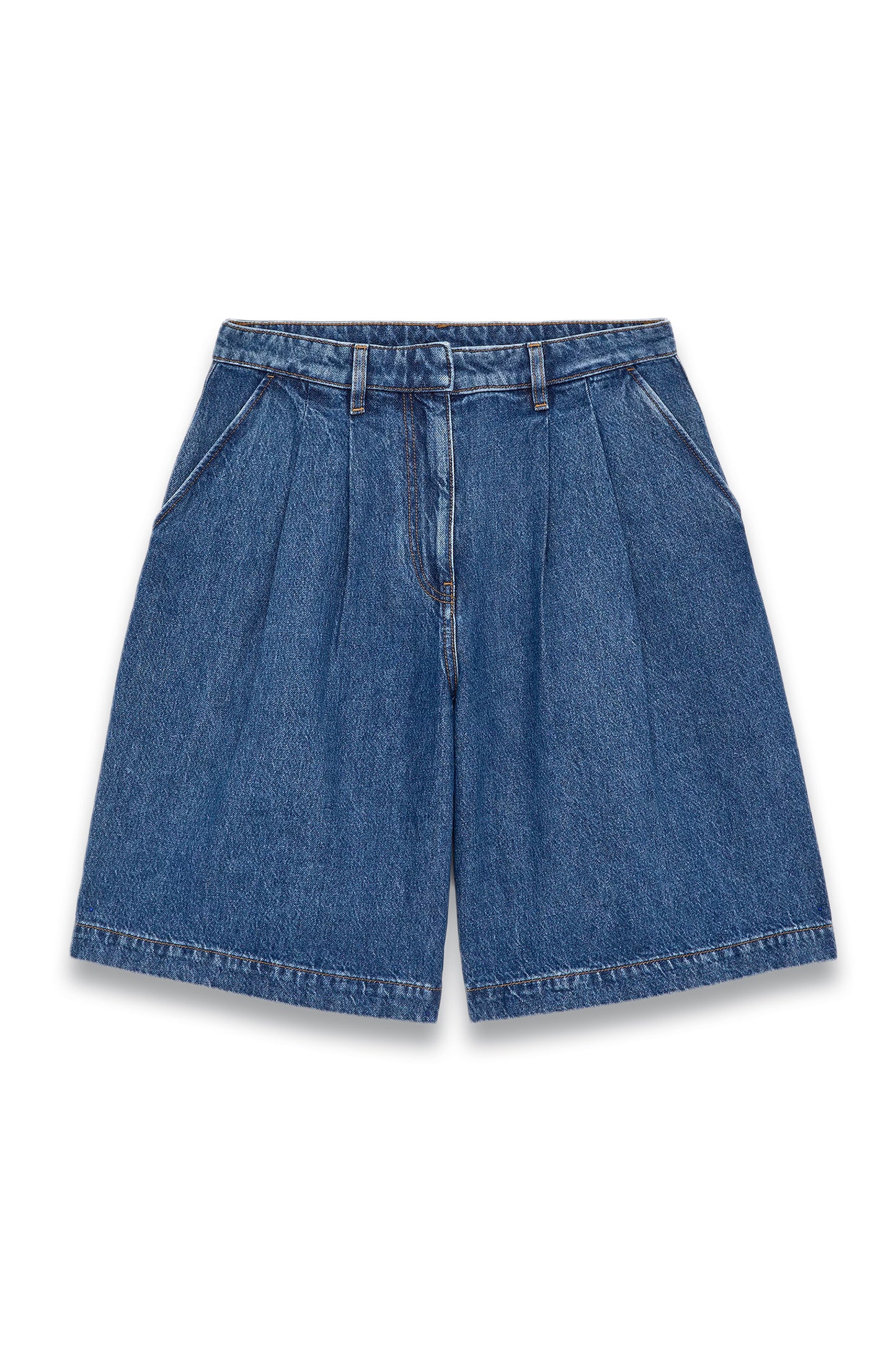 Pleated Denim Shorts