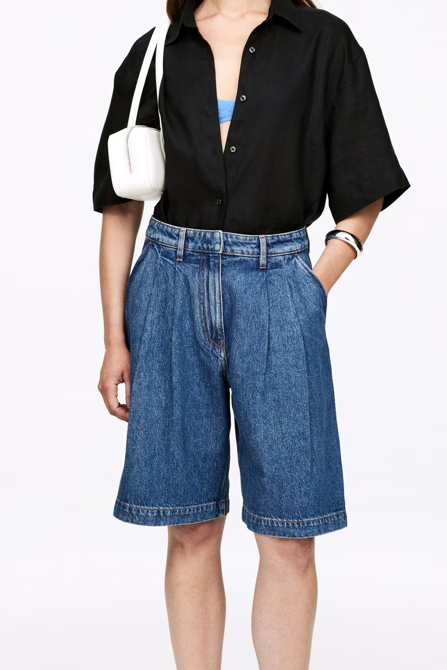 Pleated Denim Shorts
