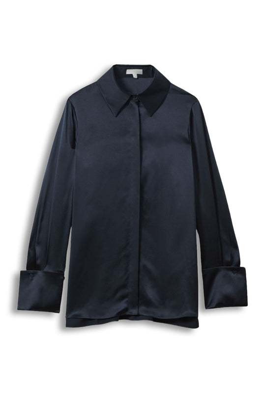 Hailey Silk Double-Cuff Button-Through Shirt in Navy