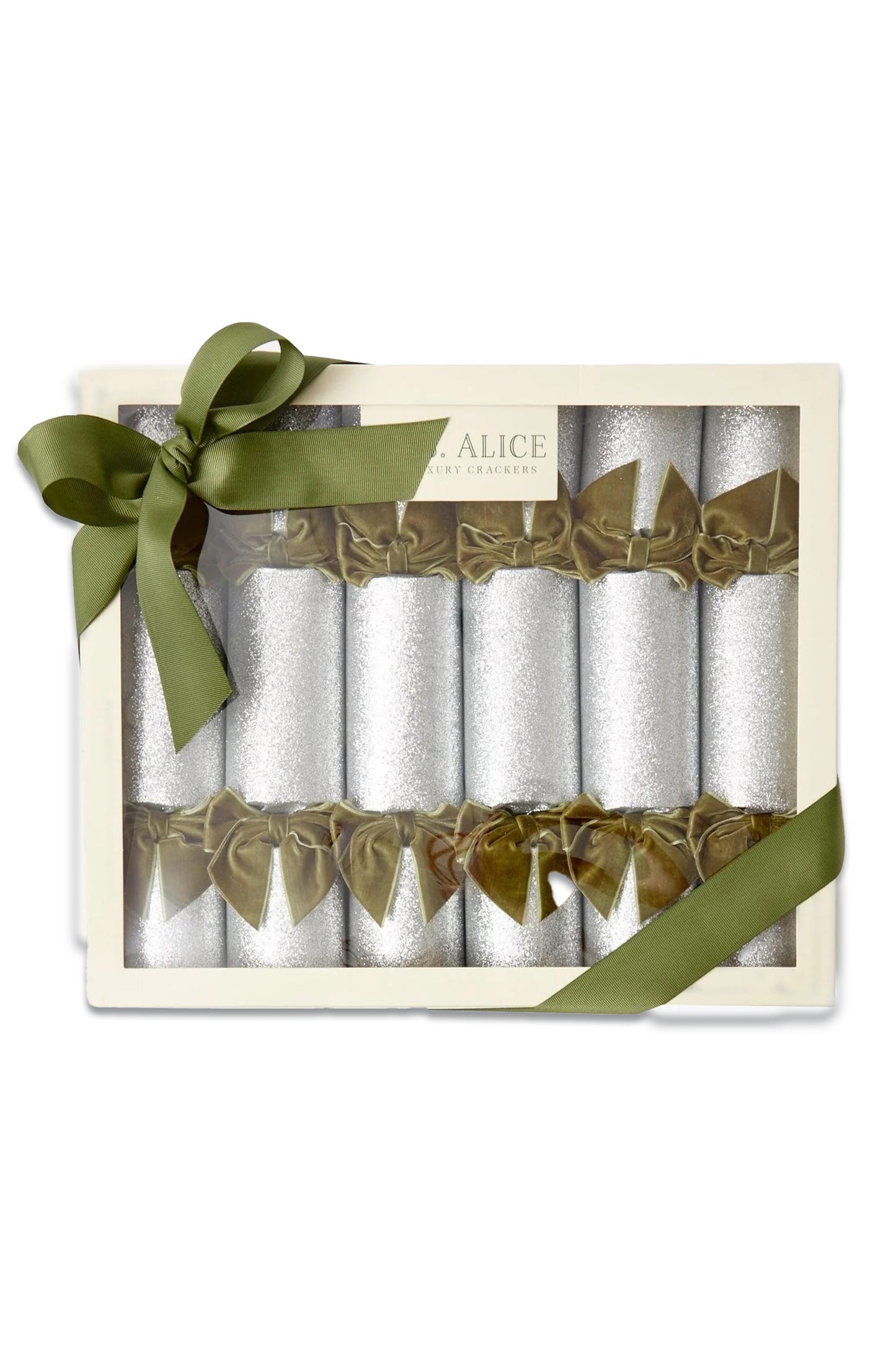 Silver Glitter Crackers with Green Velvet Bow (Box of 6)