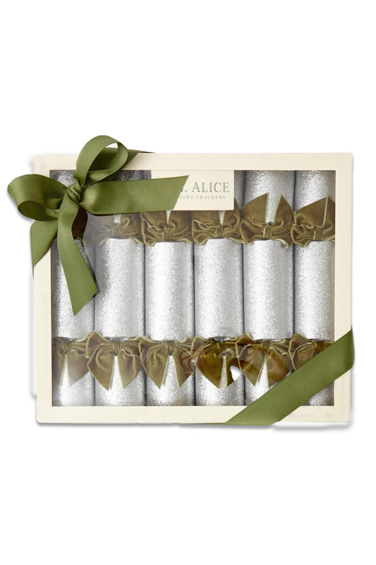 Silver Glitter Crackers with Green Velvet Bow (Box of 6)