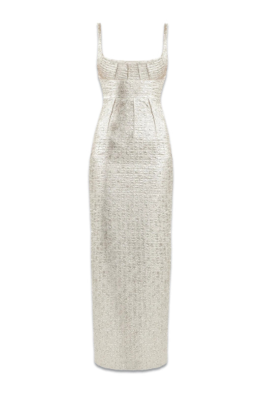 Sharon Dress In Champagne Metallic Seersucker
