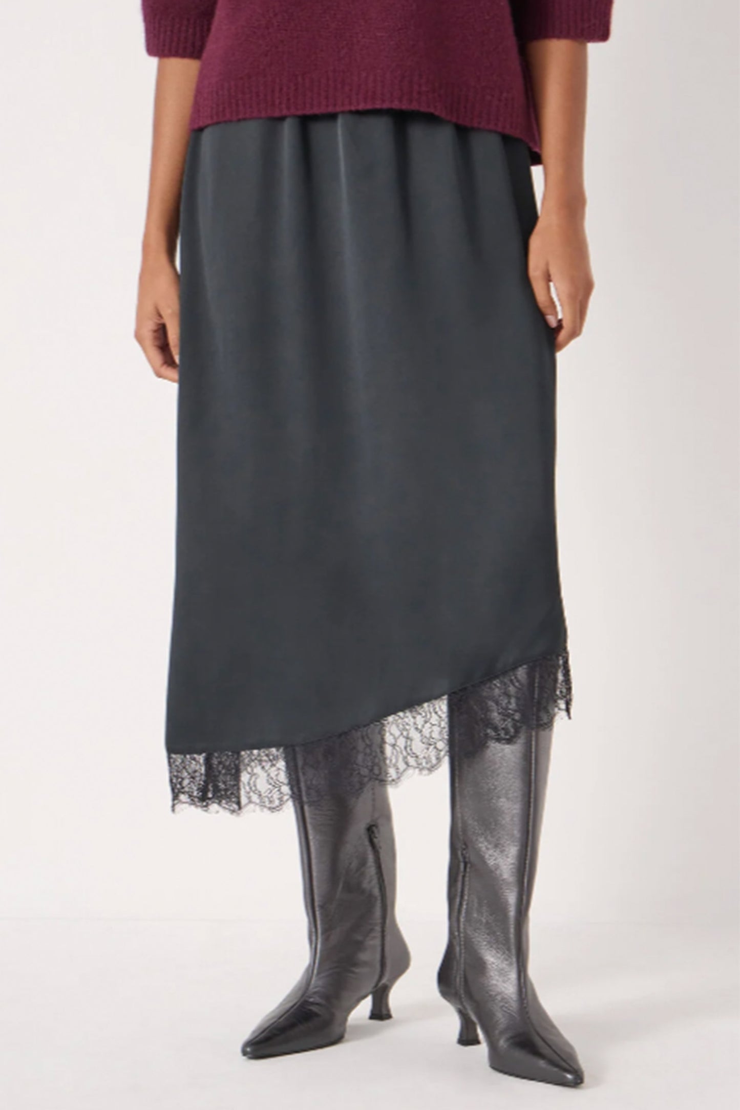 Satin Asymmetric Lace Trim Skirt