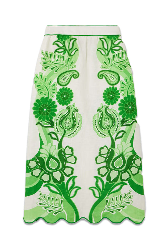 Scalloped Printed Linen Midi Skirt