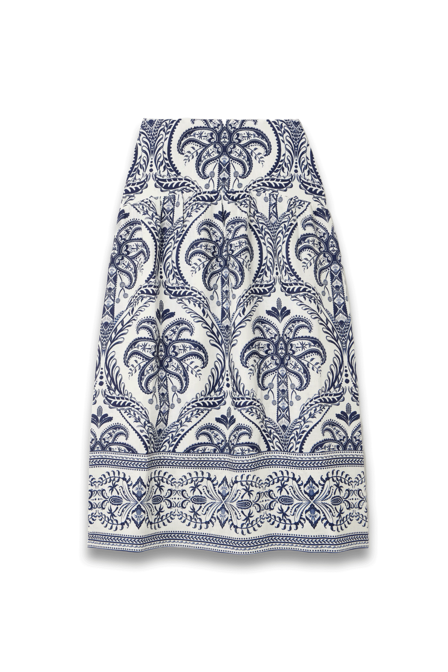Tropical Cameo Shirred Printed Linen Midi Skirt