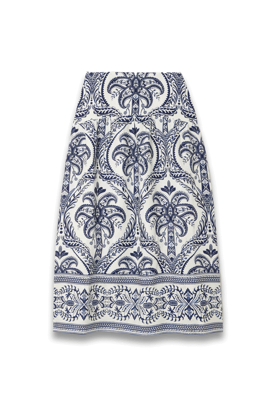 Tropical Cameo Shirred Printed Linen Midi Skirt