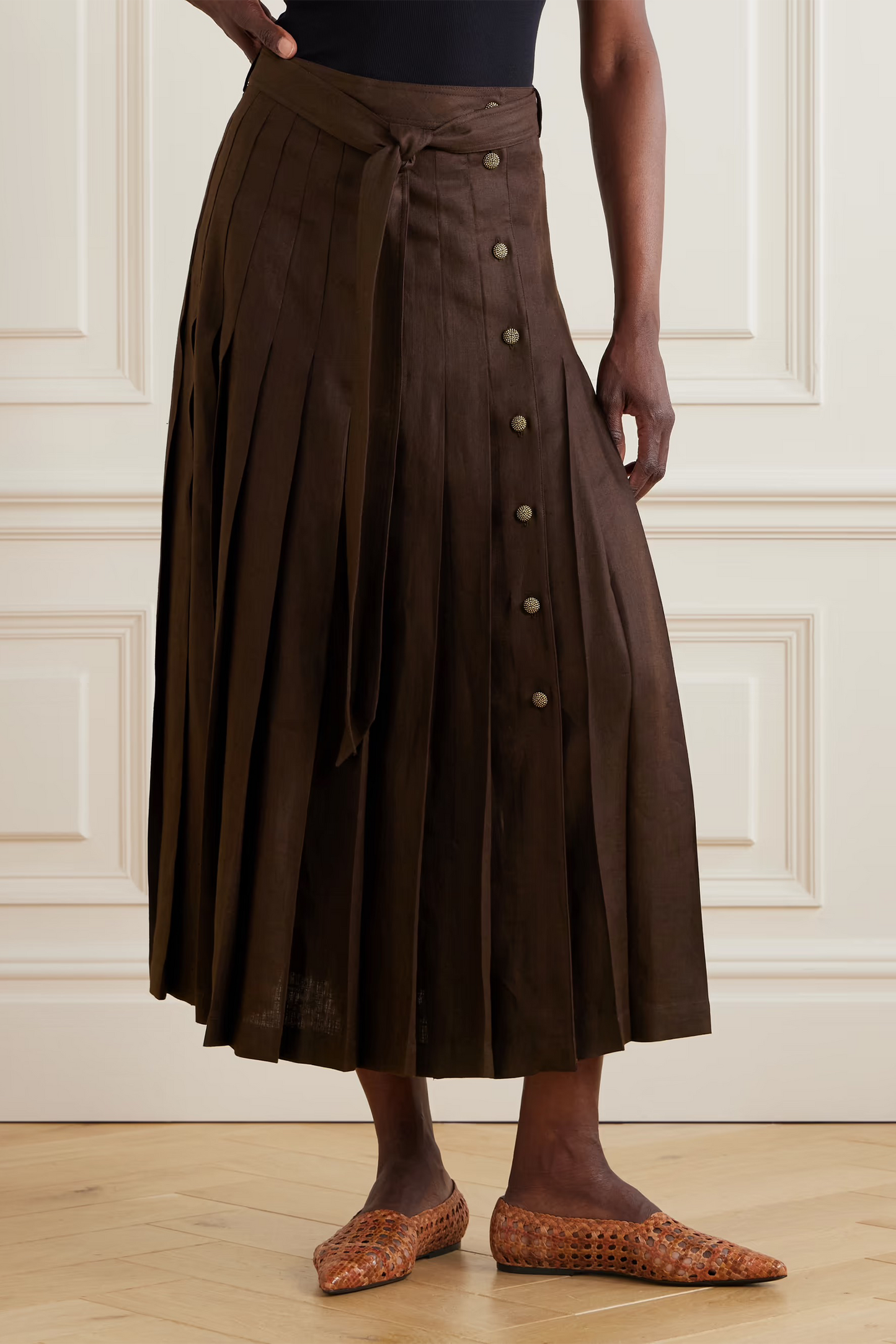 Yasmina Belted Pleated Linen-twill Wrap Skirt