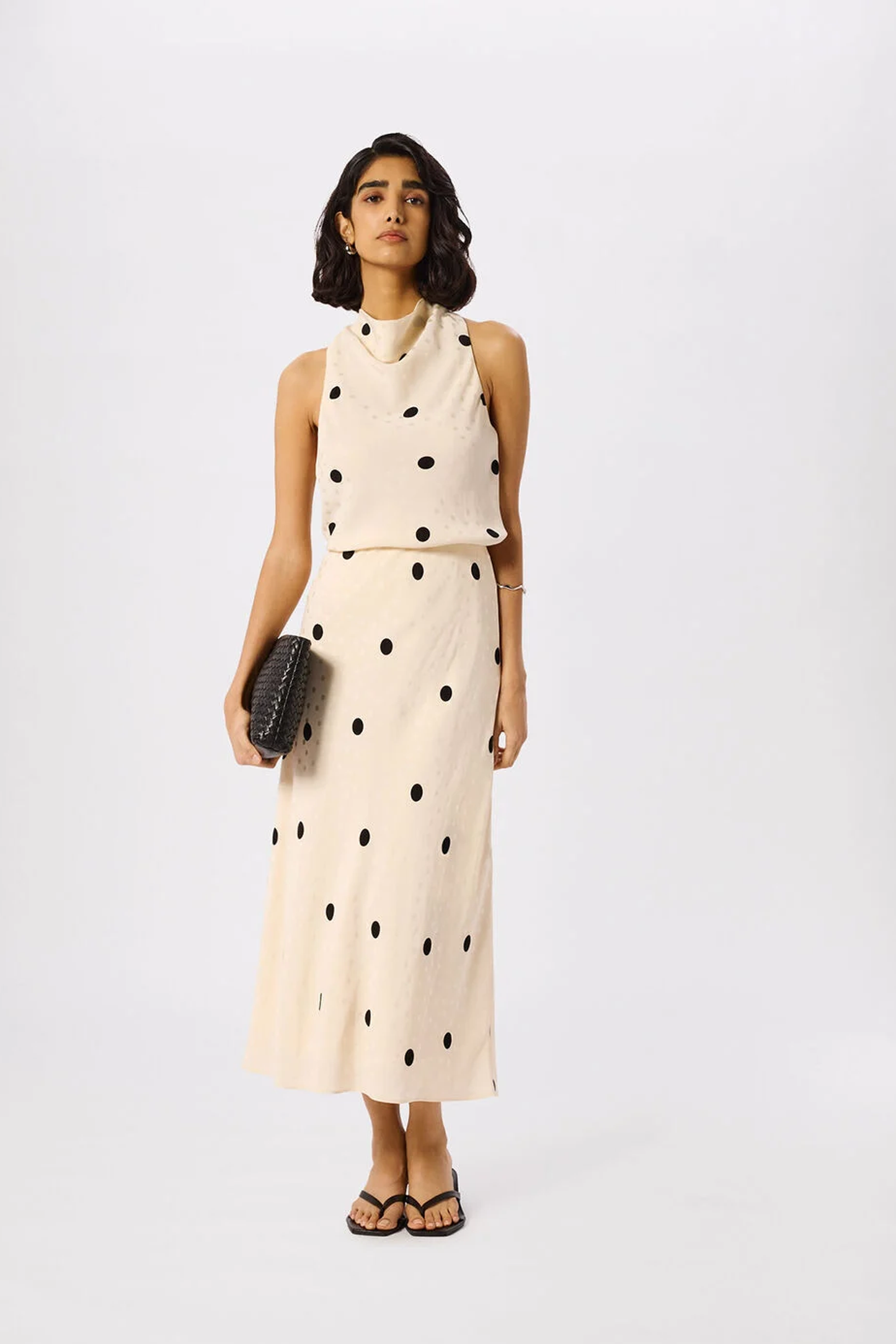 Cream Jacquard Spot Satin Midi Skirt