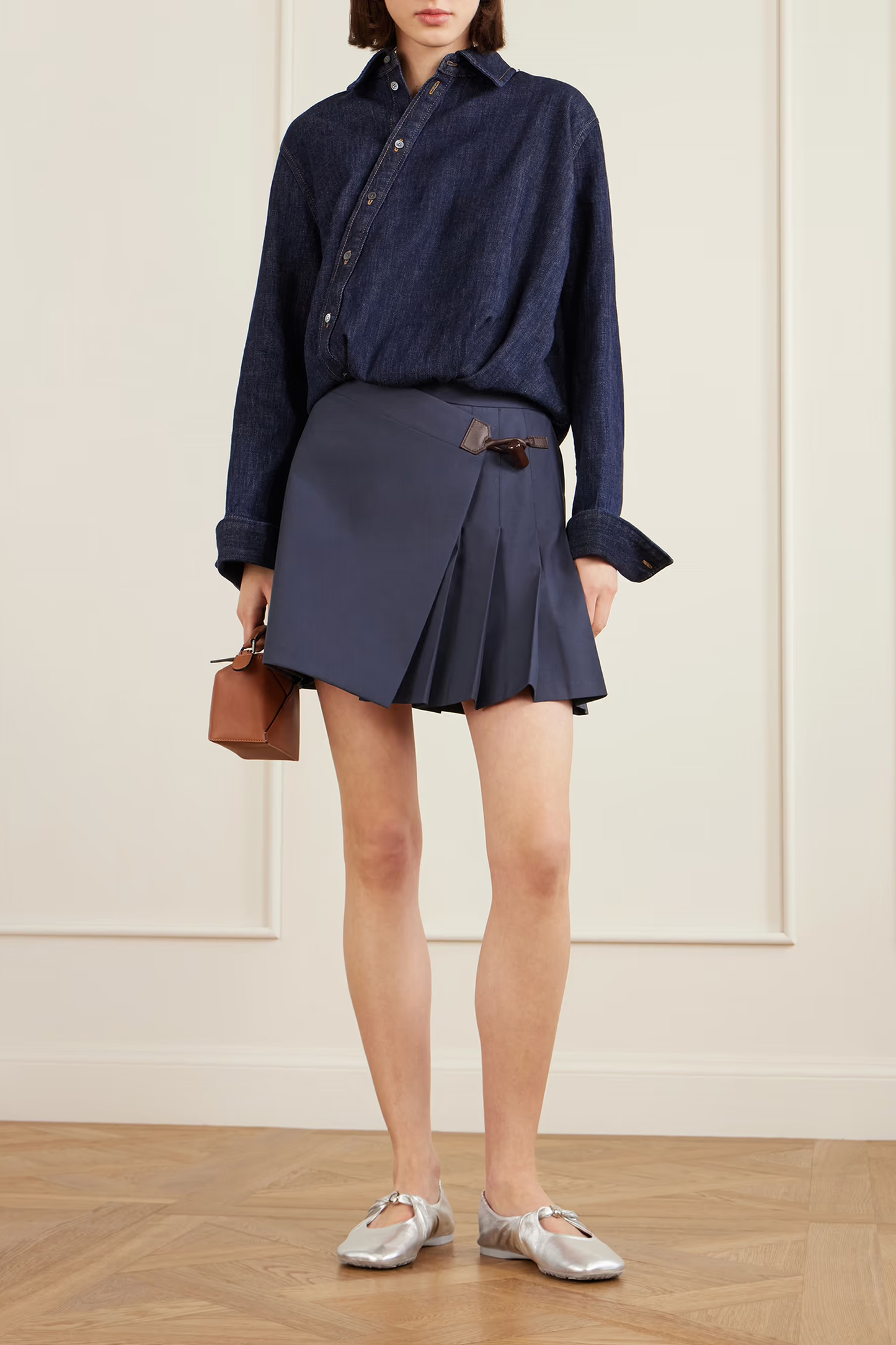 Pleated Leather-trimmed Cotton-blend Mini Skirt