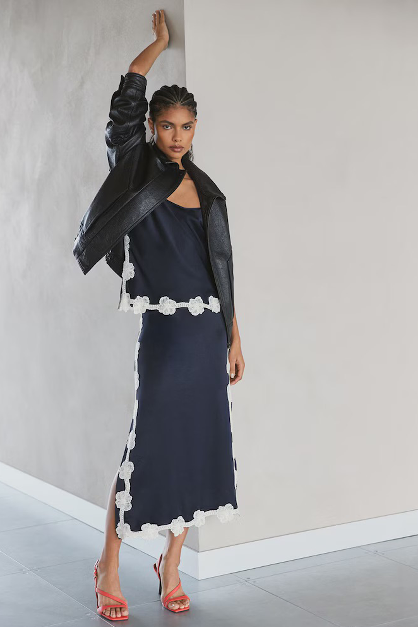 Satin Floral-Lace Trim Midi Skirt in Navy