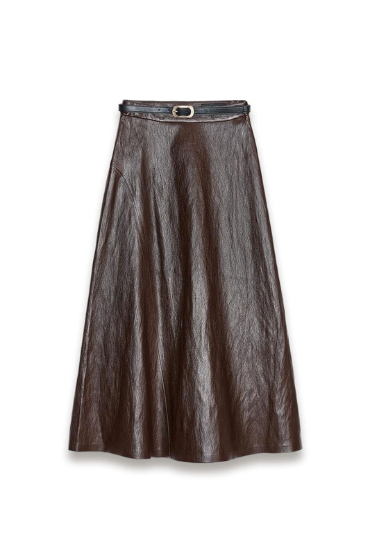Faux Leather Midi Skirt With Belt