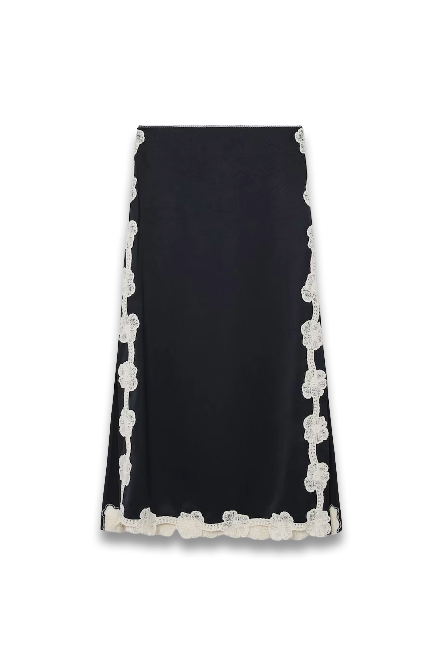 Satin Floral-Lace Trim Midi Skirt in Navy