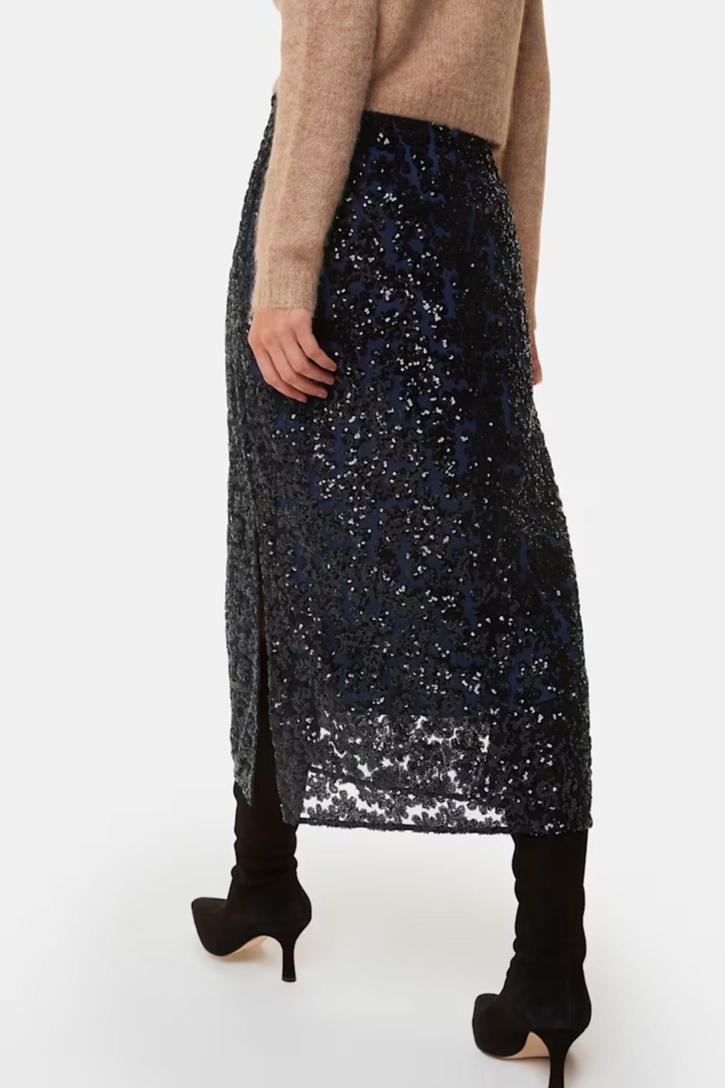 Black Floral Sequin Midi Skirt