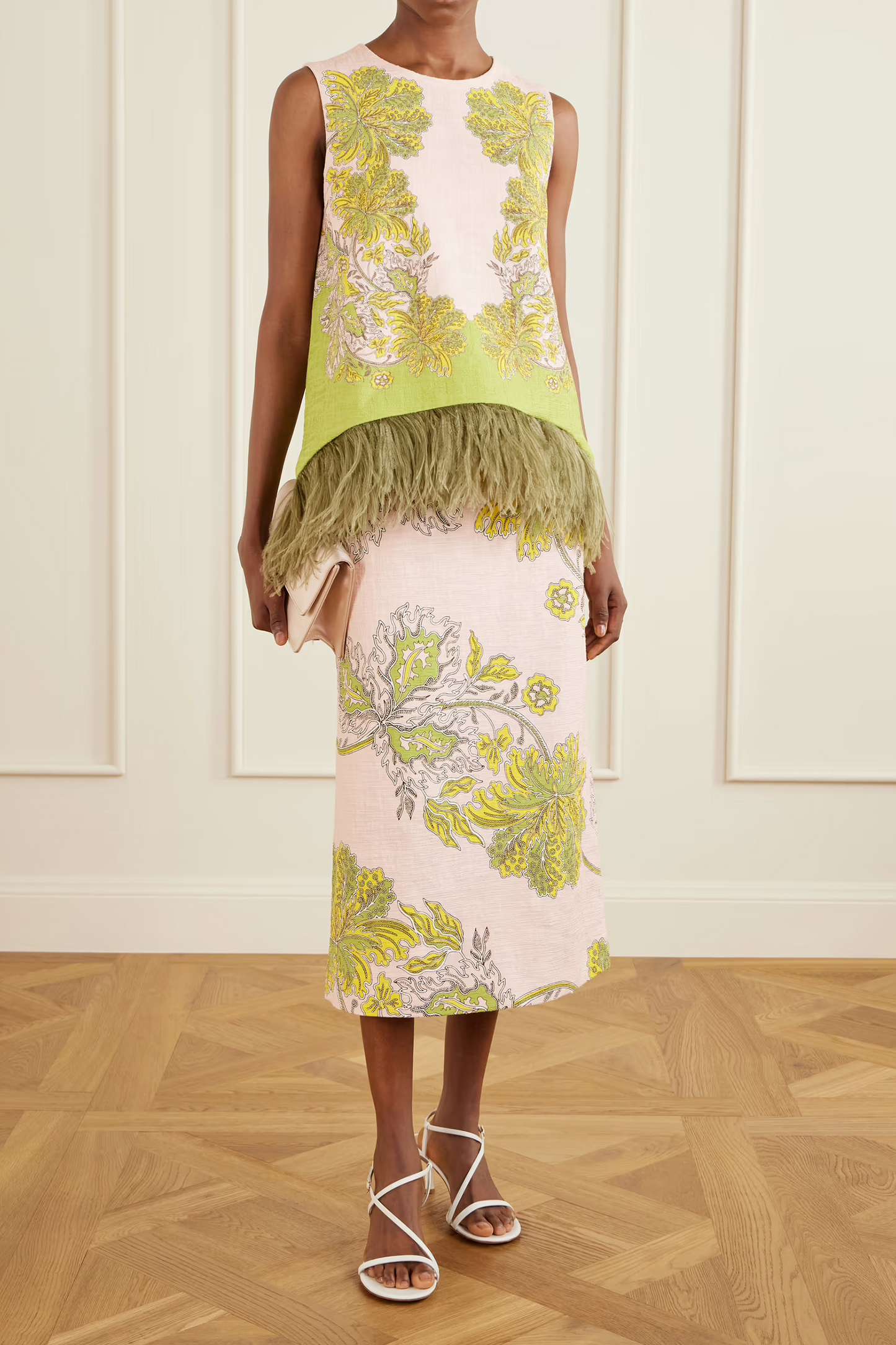Floral-print Textured Cotton-blend Midi Skirt