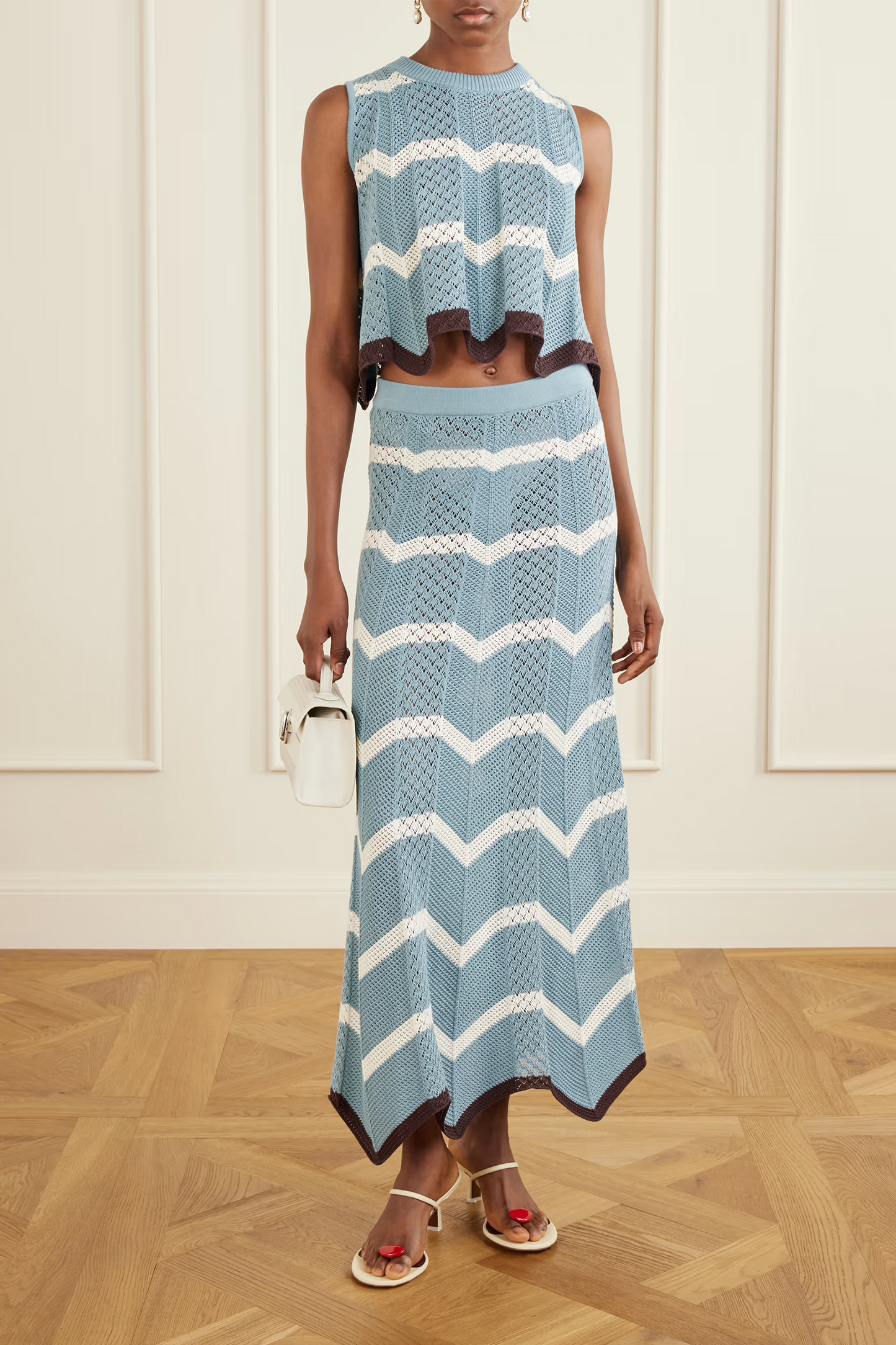 Chevron Scalloped Striped Pointelle-knit Cotton Maxi Skirt