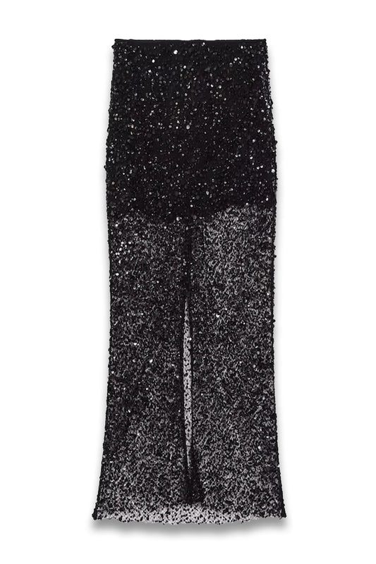 Anna Quan Embellished Netted Midi Skirt in Black