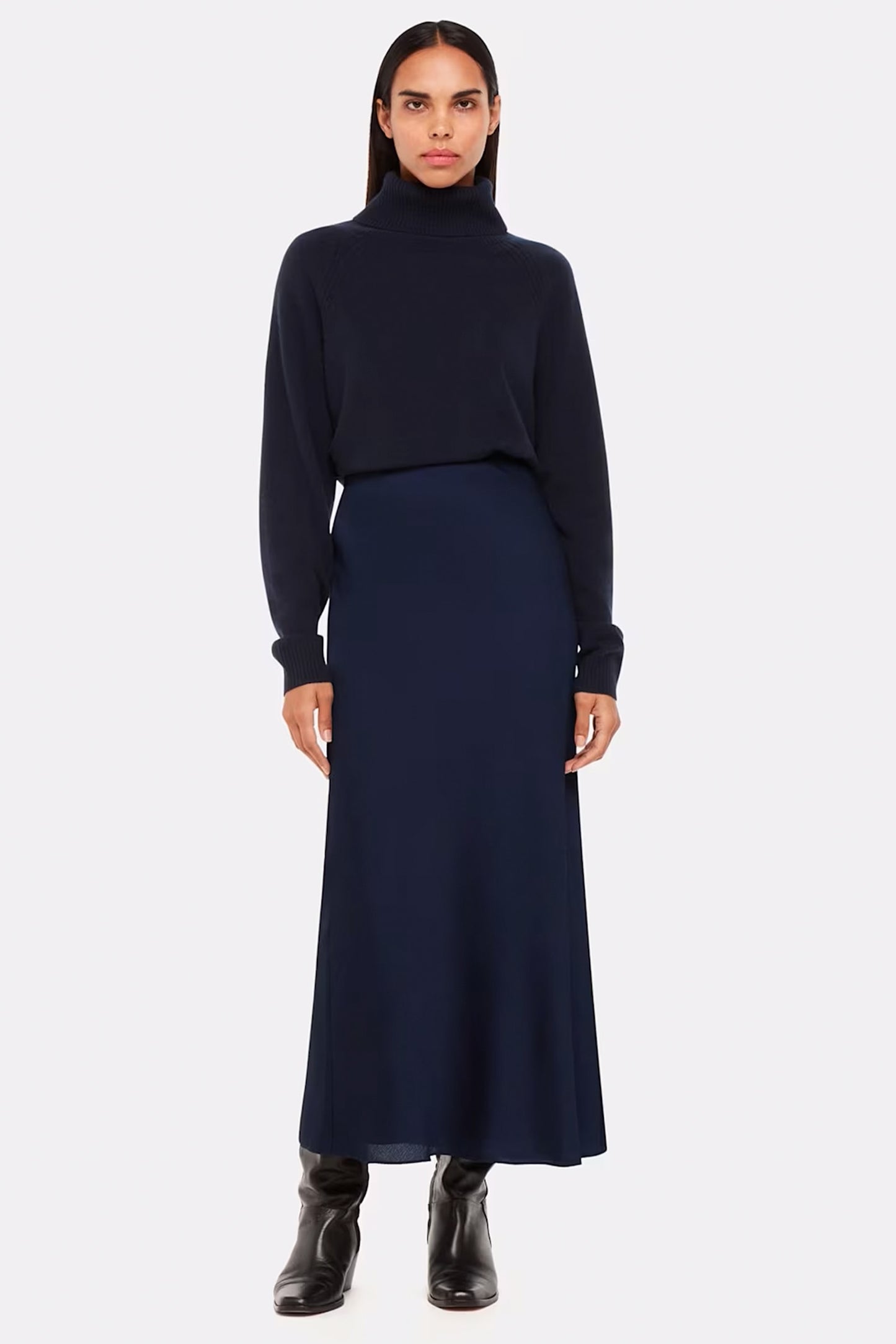 Navy Satin Bias Cut Skirt