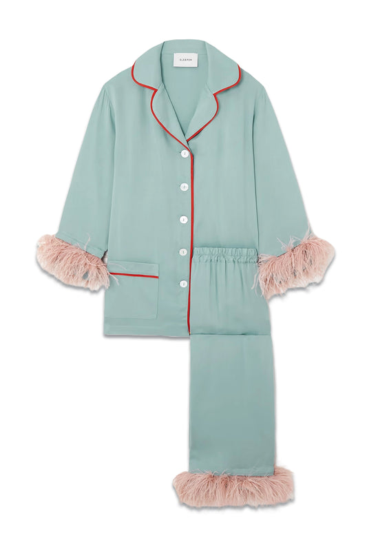 Light Blue Party Feather-trimmed Twill Pajama Set