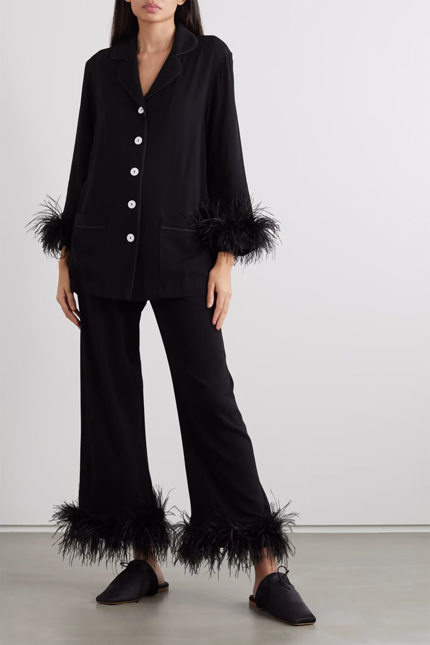 NET SUSTAIN feather-trimmed crepe de chine pyjama