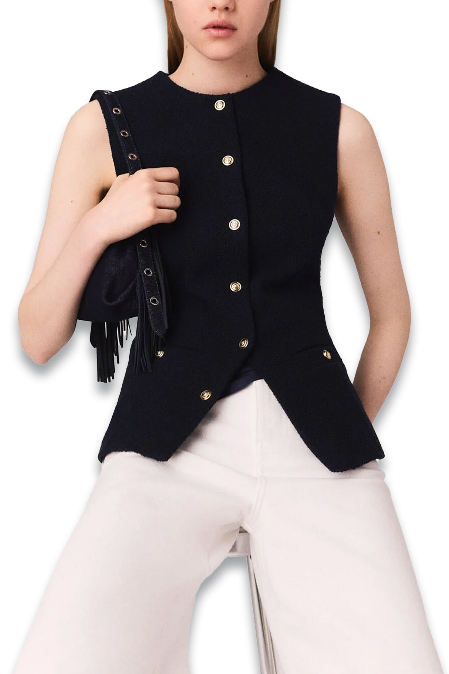 Long Sleeveless Tweed Jacket
