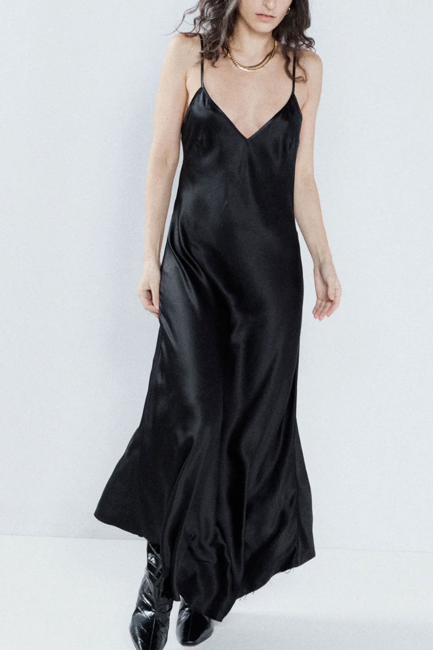 Dip-hem Black Silk-satin Slip Dress