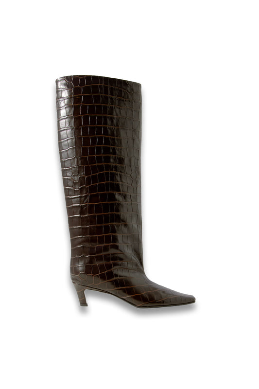Croc-effect Leather Knee Boots