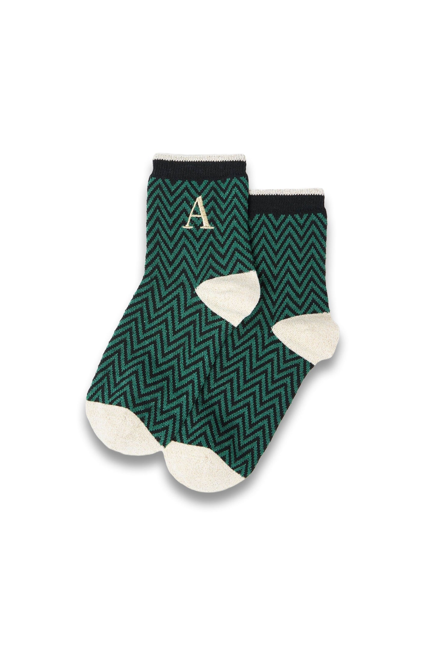 Green & Black Alphabet Zig Zag Initial Ankle Socks