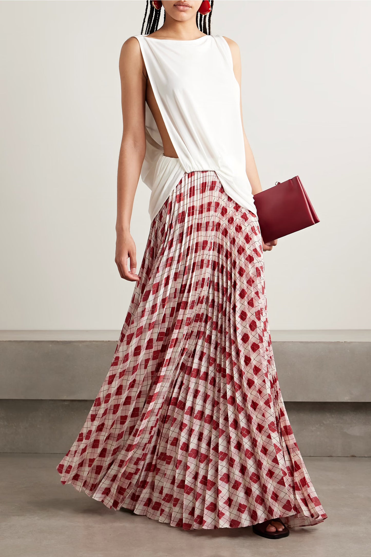 Kate Pleated Checked Satin-twill Maxi Skirt