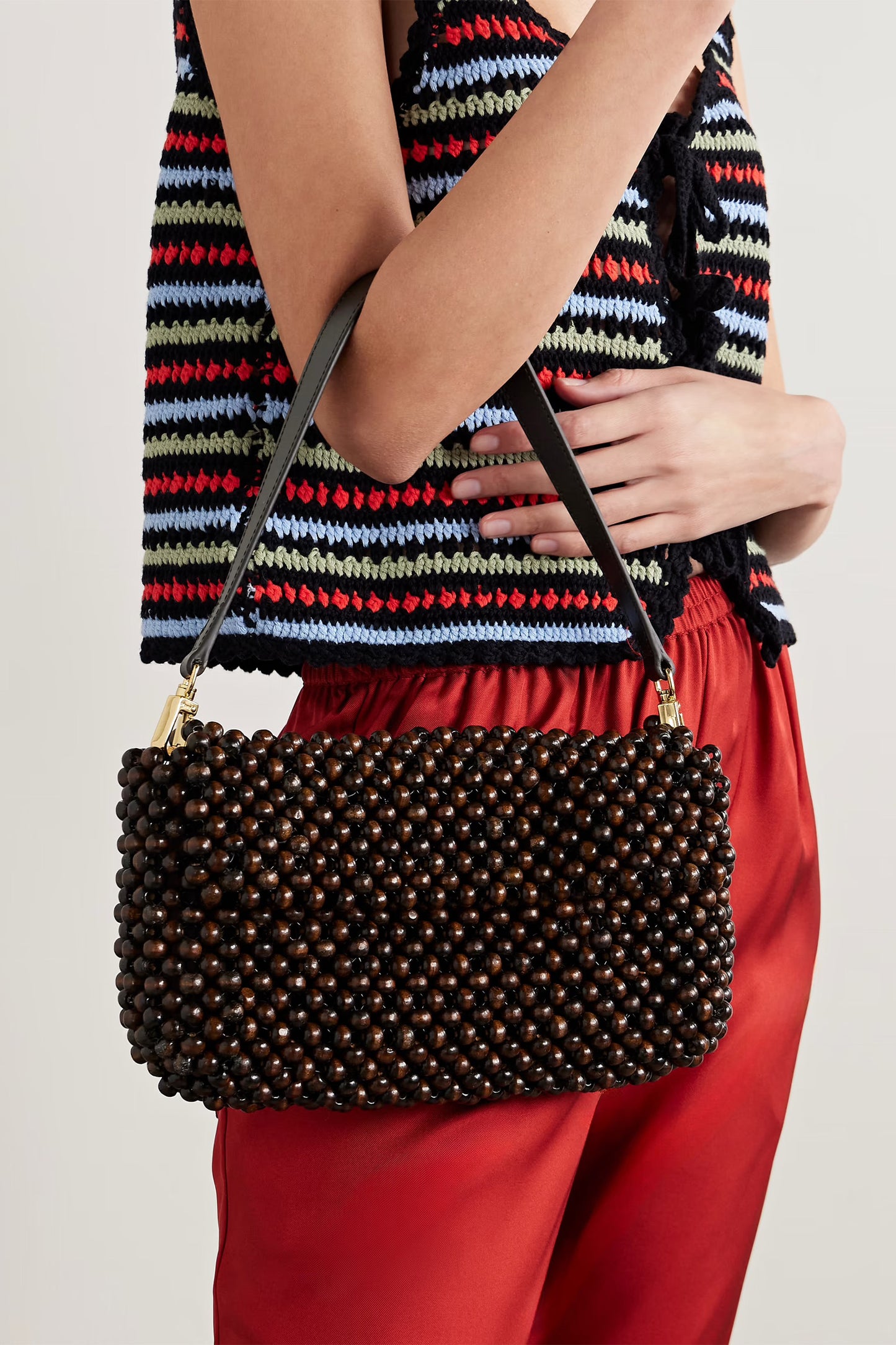 Timmy Leather-trimmed Beaded Mesh Shoulder Bag