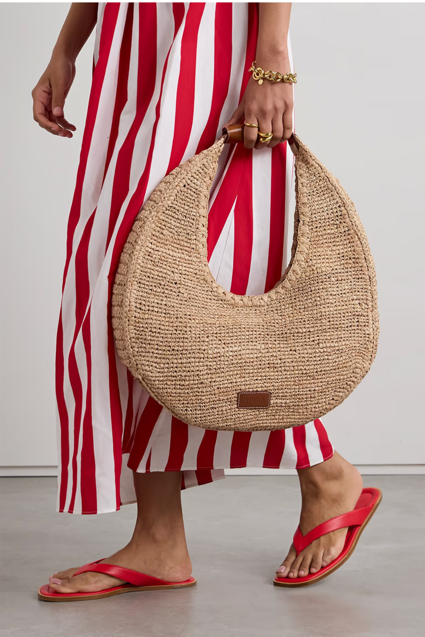 Moon large leather-trimmed raffia tote