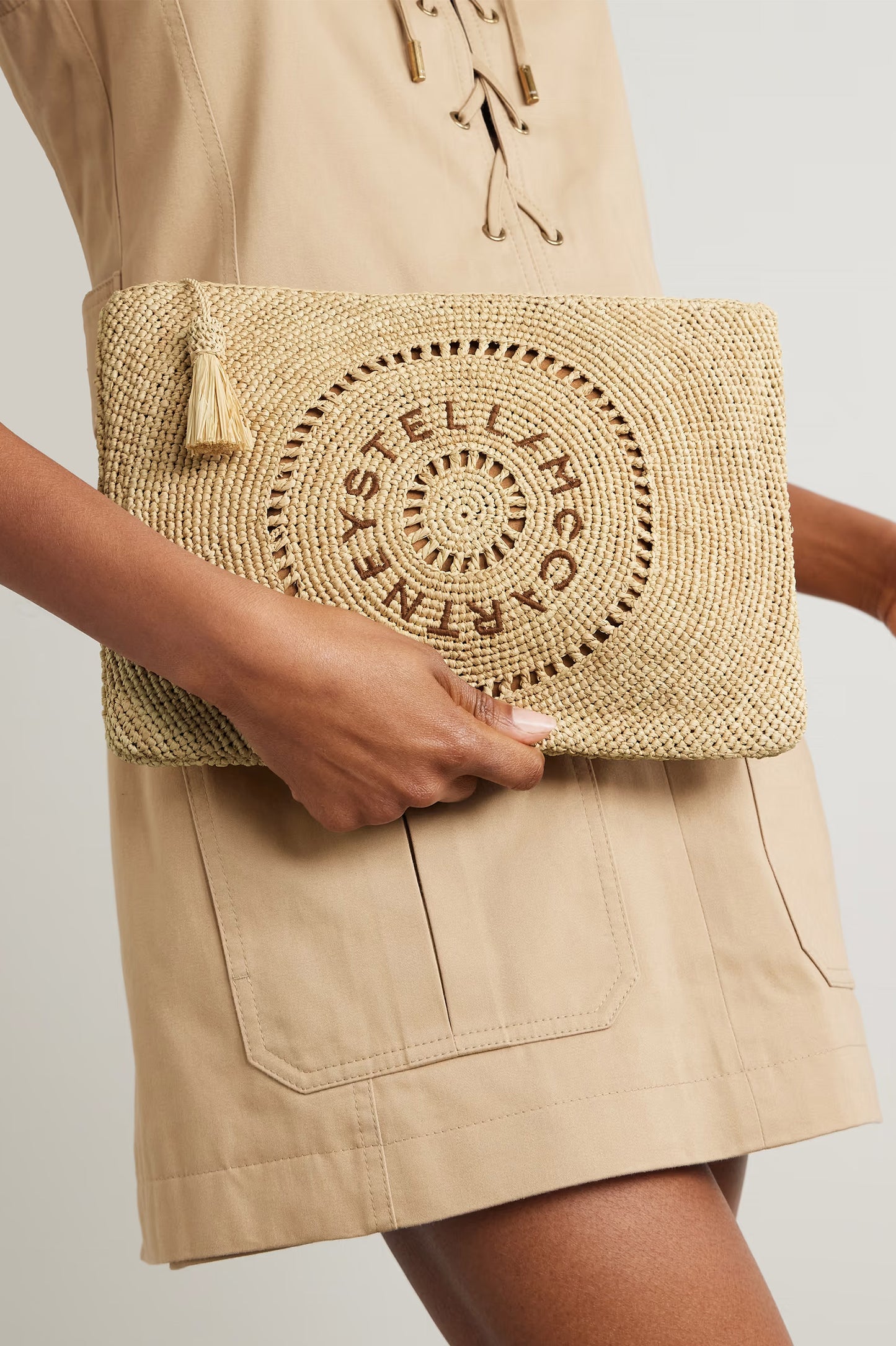 Tasseled Embroidered Raffia Clutch