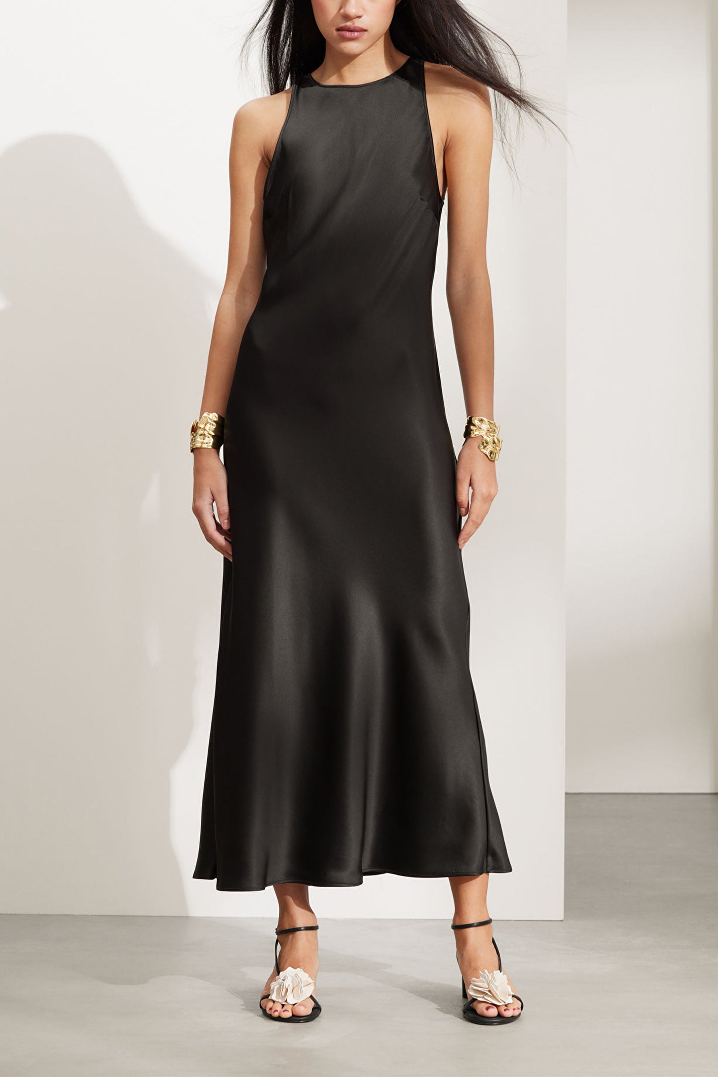 Bias Cut Satin Midi Dress In Black