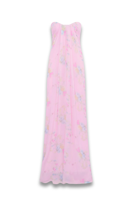 Emara Strapless Floral Chiffon Gown