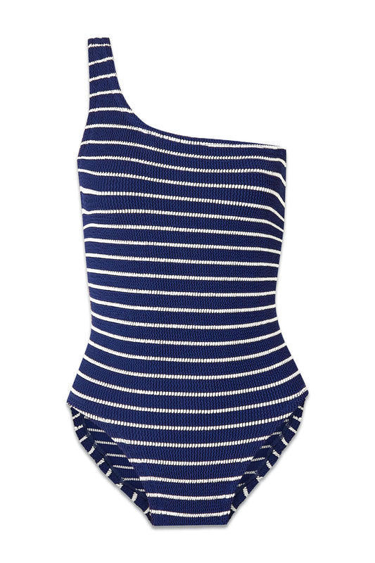 + NET SUSTAIN Nancy One-shoulder Striped Seersucker Swimsuit