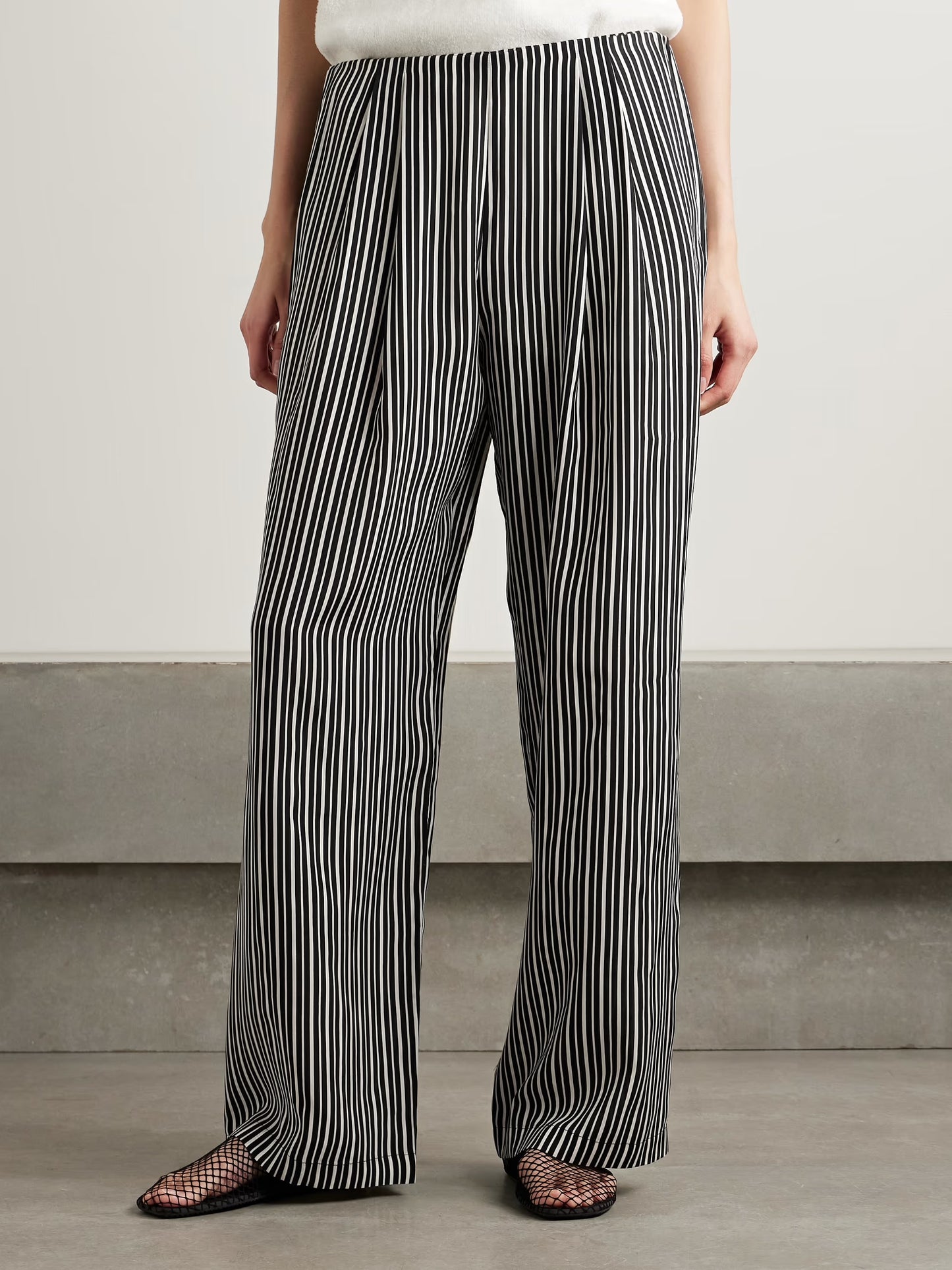 Pleated Striped Recycled-Crepe De Chine Straight-Leg Pants