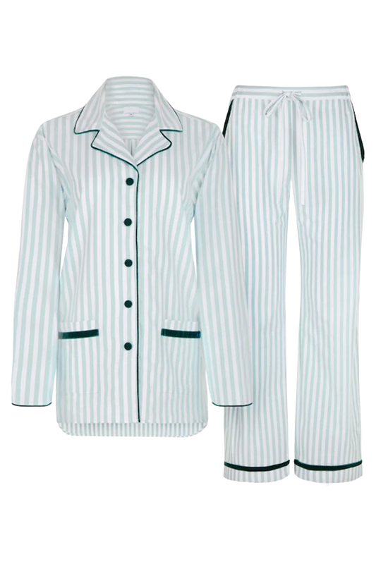 Green Stripe Brushed Cotton Velvet Pyjamas