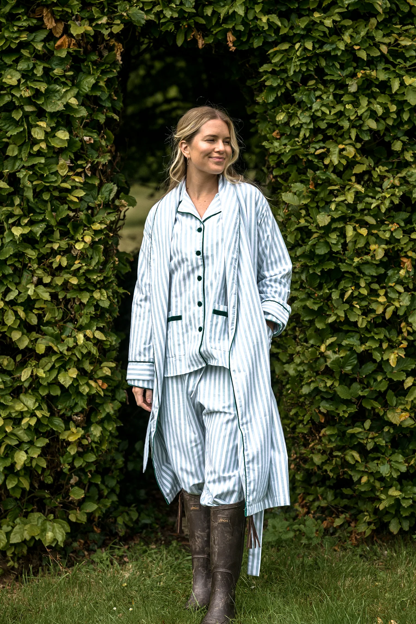 Green Stripe Brushed Cotton Velvet Pyjamas