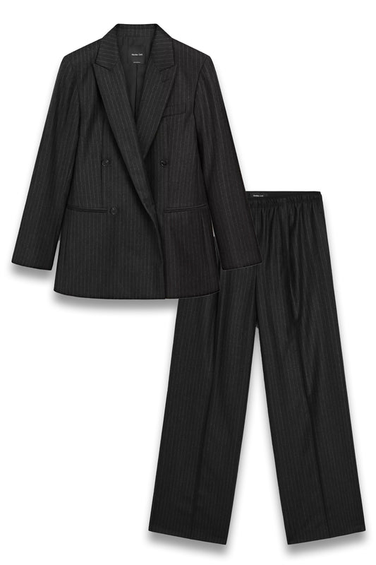 Black pinstripe suit jacket and pants on a white background