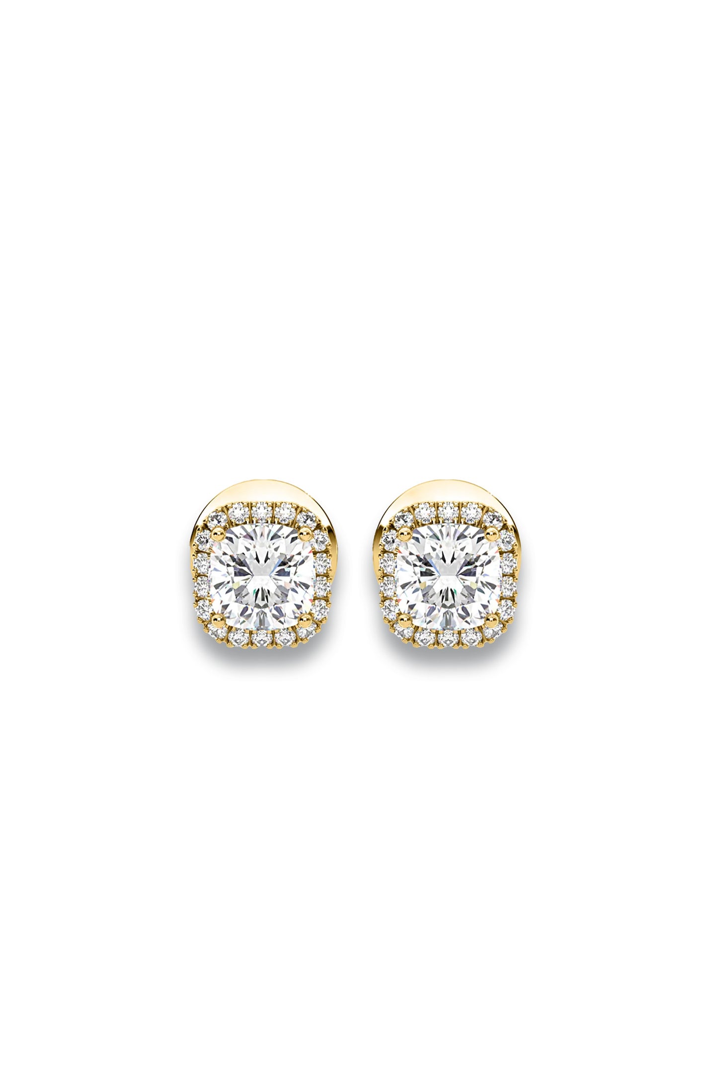 Beatrice Cushion Cut Lab Diamond Halo Earrings 1.30ct in 18K Yellow Gold F/VS1