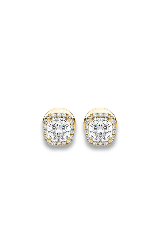 Beatrice Cushion Cut Lab Diamond Halo Earrings 1.30ct in 18K Yellow Gold F/VS1