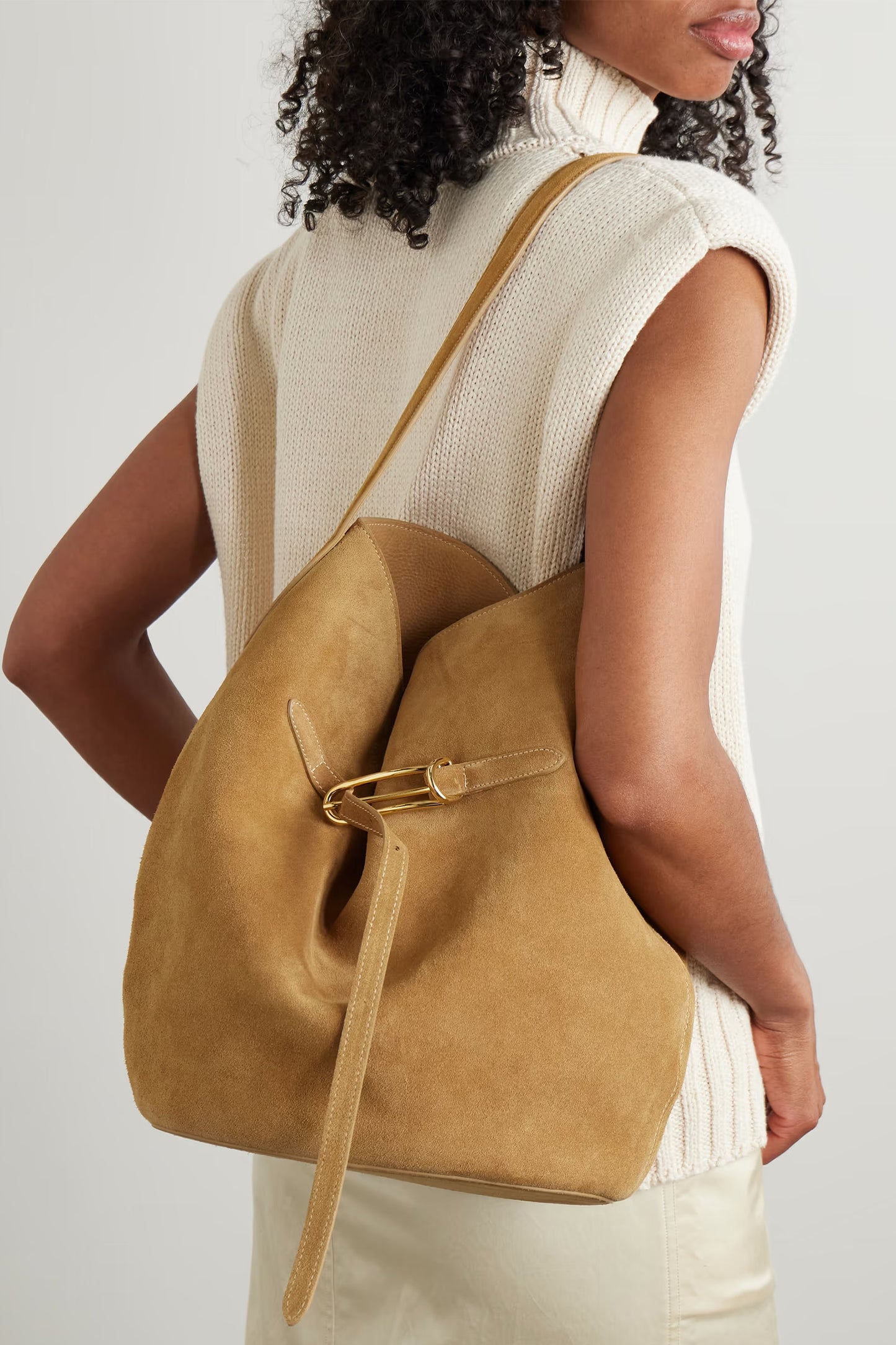 Buckled Suede Bucket Bag